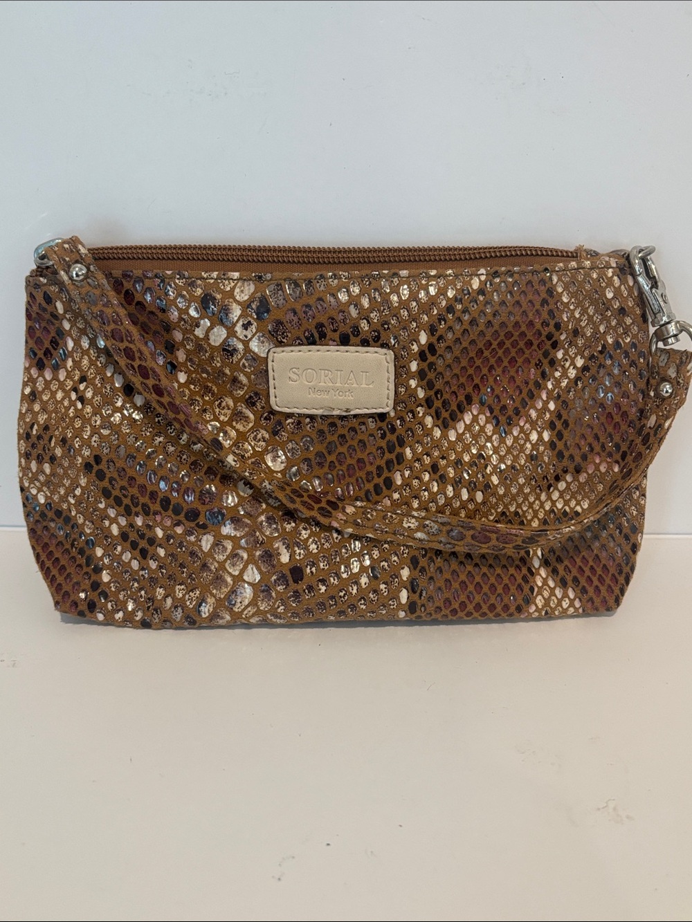 Sorial Snake-Print Wristlet in Brown and Gold
